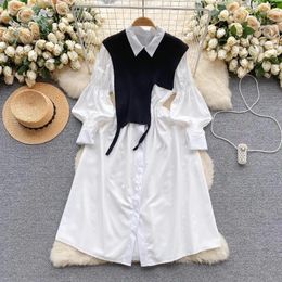 Casual Dresses Two Pieces Of Turn-down Collar Lapel Single Long Sleeve Women Shirts Knitted Irregular Versatile Camis Drop