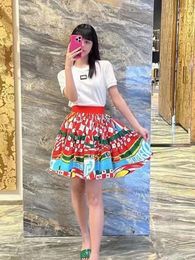 Work Dresses Retro Fashion Metal Round Neck Short Sleeve Cotton T-shirt High Waist Print A Pleated Skirt Two-piece Dress