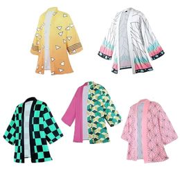 Anime Characters Kamado Tanjirou Cosplay Costume Pink Kamade Zezeko Kimono for Mens Women Summer Japanese Haori Kimono for Beach 240510