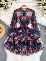 Casual Dresses Court Style Vintage Chiffon Women Stand Collar Print Lantern Sleeve Female Dress A-line High Waist Vestidos Drop