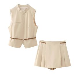 UNIZERA Spring Product Womens Fashion Zipper Belt Sleeveless Vest Top Wide pleated Pant Skirt Casual Set 240510