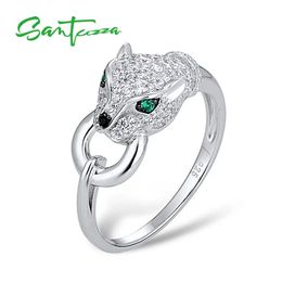 SANTUZZA 925 Sterling Silver Ring For Women Green Spinel White Cubic Zirconia Leopard Panther Rings Party Trendy Fine Jewellery 240510