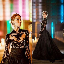 Vintage Gothic Style Black Wedding Dresses 2018 Long Sleeves High Neck Lace Tulle Taffeta A Line Sweep Train Bridal Gowns Robe de marri 207E