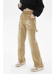 Women's Jeans American Khaki Vintage Baggy Women 90s Streetwear Pockets Wide Leg Cargo Pants High Waist Straight Denim Trousers 2024