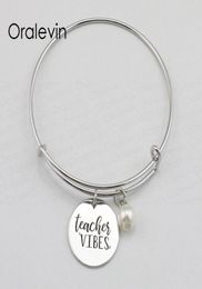 TEACHER VIBES Inspirational Hand Stamped Engraved Charm Pendant Expandable Wire Bracelet Bangle Gift Fashion Jewelry10PcsLot L99528782703