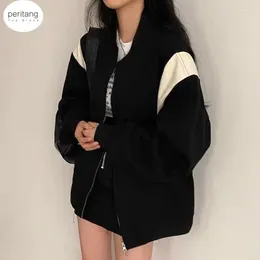 Women's Jackets PERITANG Oversized Bomber Jacket Women Vintage Zipper Patchwork Baseball Coat Female Korean Autumn Casual Loose Windbreaker