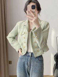 Women's Jackets Mint Green Tweed Jacket Short Fragrance Autumn/winter Plaid Top One Piece Classic