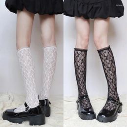 Women Socks Cute Lolita Lace Knee High Women's Fashion Black Summer Thin Breathable Solid Colour Stockings College Style 50CM