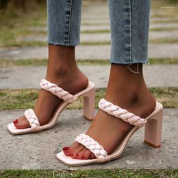 Slippers European American Style Women's 2024 Fashion Summer Leather Braid Open Toe 8cm High Heel Sandals Female Mules