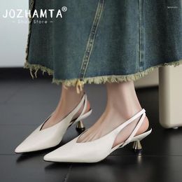 Sandals JOZHAMTA Size 34-43 Women Vintage Slingback Pumps Genuine Leather Kitten Heels Summer Shoes Sexy Pointy Office Lady Daily Dress