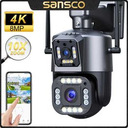 IP Cameras SANSCO 4K 8MP Dual Lens PTZ WIFI Camera Dual Screen 4MP HD Wireless Outdoor IP Camera AI Human Tracking Monitoring IPC360 Home Camera d240510