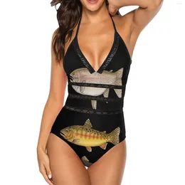 Women's Swimwear Trout Collection Black Mesh Swimsuit One Piece Backless Sexy Beach Wear Summer Bathing Suits Golden