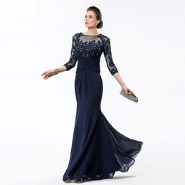 Long Navy Blue Mother Of The Bride Dresses 2019 Chiffon Beaded Appliques Bodice Sheer 3 4 Sleeves Mothers Evening Dresses 193J