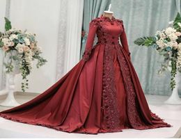 Dark Red Arabic Muslim Evening Dresses With Long Sleeves Beaded High Neck Ball Gown Prom Gowns Vestidos De Fiesta 3D Appliqued For9990465