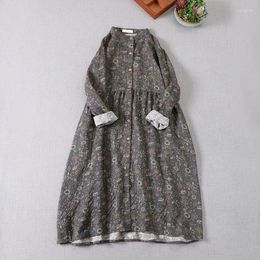 Casual Dresses Spring Cotton Floral Long-Sleeved Dress Japanese Mori Women Loose Large Size Printed Stand Collar