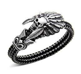 Fashion Jewellery Double leather Bracelet Casual Personality Rock Punk Titanium steel Skull Bracelet for men 2018 new 7638720