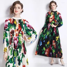 Casual Dresses Boho Style Floral Print Pleated Party Dress Long Sleeve Women Mid-Calf O Neck Ladies Beach Sundress Ropa Mujer