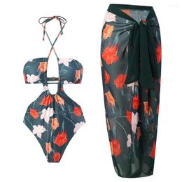 Women's Swimwear Womens Bikini Set 2 Piece Boho Vintage Print Sexy Halter Tummy Control Strappy Swimsuits With Cover Wrap Skirt