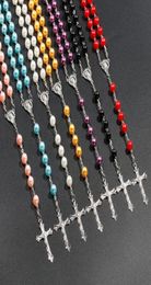 7 colors Religious Catholic Rosary Necklaces Jesus cross pendant Long 8MM Bead chains For women Men Christian Jewelry Gift1744557