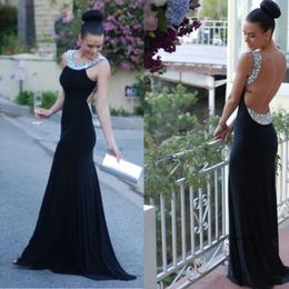 Sexy Backless Long Prom Crystal Black Mermaid Evening Gowns Graduation Dresses Party Dress Open Back Custom Made 0510