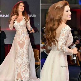 Sheath Celebrity Dresses Mideast Star Red Carpet Dress Lace Appliques V Neck Sheer Long Sleeves With Detachable Tulle Train Evening Gowns 0510