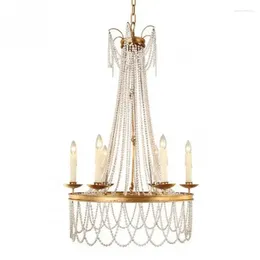 Chandeliers Antique Gold Chandelier Lighting Wooden Beaded Lamp Vintage Golden 6 Lights Hanging Light Farmhouse Foyer Bedroom E14