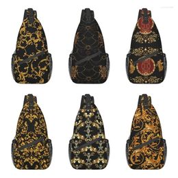 Backpack Golden Baroque Leafs Floral Sling Chest Bag Custom Flower Shoulder Crossbody For Men Cycling Camping Daypack