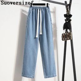 Women's Jeans Baggy Lace Up Wide Leg Womens Casual Elastic High Waist Straight Denim Pants Spring Loose Korean Fashion Vaqueros 2024