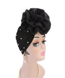 Women Beaded Glitter Turban Big Flowers Headband Wedding Party Head Scarf Hair Lose Cap Head Wraps Hair Accessories GB5881689645