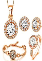 Fashion 18K Rose Gold Plated Shiny Zircon Crystal Necklace Bracelet Earrings Ring Jewellery Set for Women Wedding Jewellery Set 4pcsS8444075