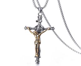 Mens Retro Jesus Cross Pendant Necklace Stainless Steel Gold Plated Fashion Jewellery Gift Nonfading Not Sensitive7947387