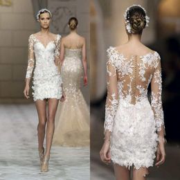 Sexy weiße Spitzenapplikation Mini Brautkleider Illusion Langarmscheide gegen Nacken Brautkleider Gewohnte Hochzeitskleider 288d