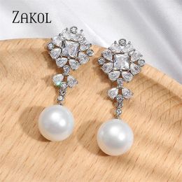 Dangle Earrings ZAKOL Elegant Round Imitation Pearls Drop For Women CZ Shiny Zircon Green Crystal Long Earring Bridal Wedding Jewellery