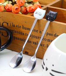 Cartoon White Black Ceramic Cat Stirring Spoon Stainless Steel Tea Coffee Ice Cream Spoons Tableware W92748104693