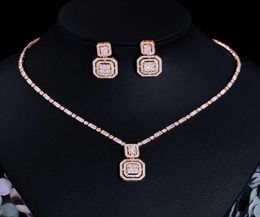 CWWZircons Shiny Baguette Cubic Zirconia Wedding Bridal Party Necklace Earrings Fashion Gold Color Jewelry Sets Accessories T583 H7673588