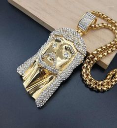 Hip Hop Rhinestones Paved Bling Iced Out Gold Colour Stainless Steel Jesus Piece Pendants Necklace for Men Rapper Jewelry12711289