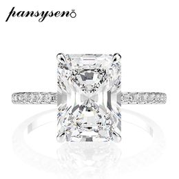 PANSYSEN Real 925 Sterling Silver Emerald Cut Created Moissanite Diamond Wedding Rings for Women Luxury Proposal Engagement Ring CX2006 247s