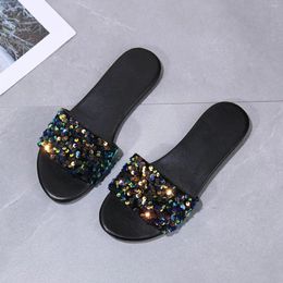 Slippers Women's Indoor Leisure Flip-flops Open-toed Flat Beach Shoes Niche Design Sequined Simple Sandals Female 2024
