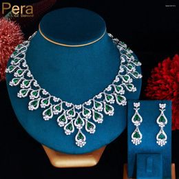 Necklace Earrings Set Pera Gorgeous Green Cubic Zirconia Bridal Long Pendant For Women Wedding Dress Accessories J509