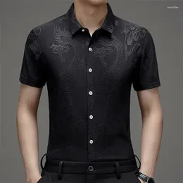 Men's T Shirts European And American Middle-Aged Embroidered Ice Silk Short Sleeved Jacquard Shirt