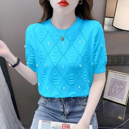 Women's T Shirts Summer Solid Color Round Neck Short Sleeve Knitting T-Shirts Women Thin Style Embroidered Flares All-match Pullovers