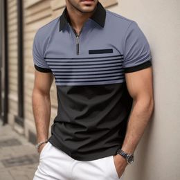 Mens summer short sleeved lapel 3D digital printed striped polo shirt with fake pocket buckle mens business casual zipper top 240418
