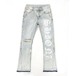 American 100% Cotton Mens Flared Jeans Letter Print Open Hem Denim Pants Heavy Weight Ripped On Knee Male Trousers 240510