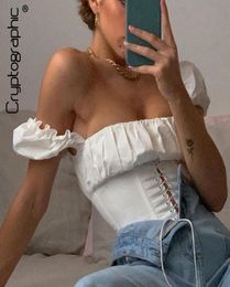 Off Shoulder Fashion Lace Up Shirts Blouse Blouse Women White Crop Tops Blouses Clothes Vintage Tie Front Tops ladies Clothing SL9246476