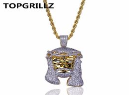 TOPGRILLZ Gold Color Plated Iecd Out HipHop Micro Pave CZ Stone Pharaoh Head Pendant Necklace With 60cm Rope Chain6313434