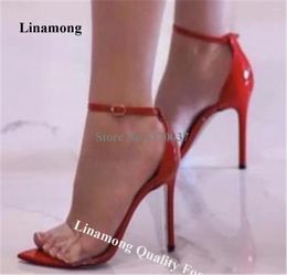 Dress Shoes Linamong Red Black Patent Leather Patchwork PVC Thin Heel Sandals Sexy Pointed Open Toe Transparent Stiletto Party