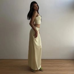 WhereMery Temperament Short Set Womens Two Piece Bow Yellow Slim Fit and Beautiful Suspended Tank Top Long Skirt 240510
