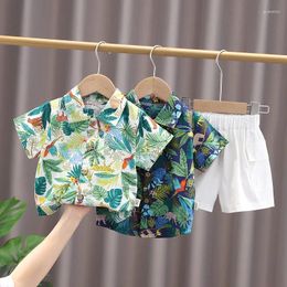 Clothing Sets Boys Short Sleeve Set 2024 Summer Colourful Pattern Lapel Single Breasted T-shirt Shorts Two Piece Casual Handsome Wear