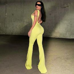 CUTENOVA Summer Solid Color Simple Casual Sleeveless Square Neck Sexy Sports Jumpsuit Backless Hollow Flared Pants Street Wear 240510