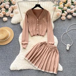 Work Dresses 2 Piece Skirt Set Women Knitwears V-neck Pleated Elastic Waist Cardigan Short Solid Colour Pull Femme Button Drop